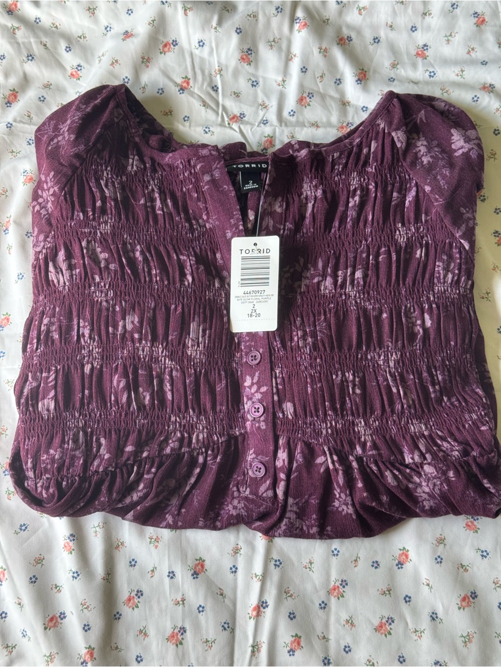 Torrid Purple Floral Smocked Half Button-Front Blouse